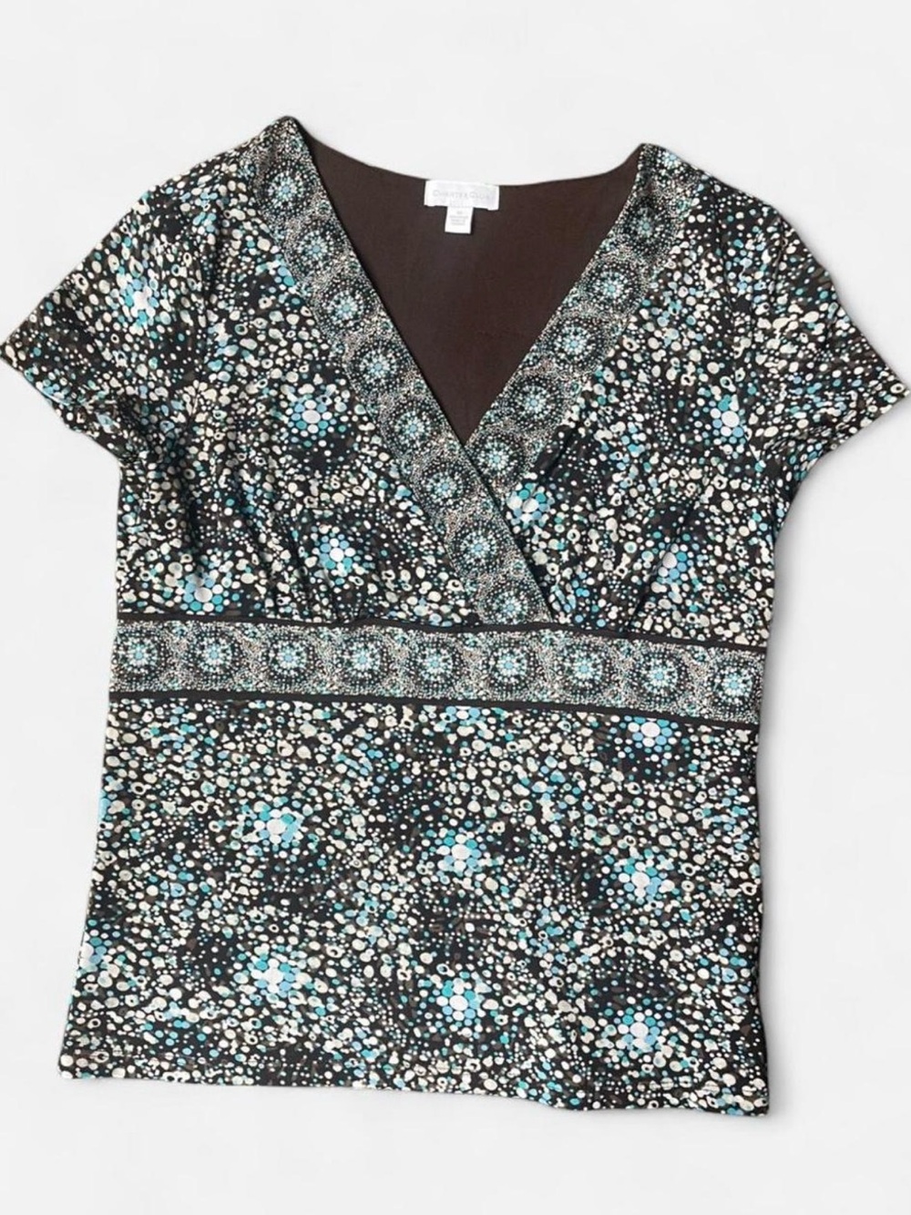 Early Y2K Charters Club Empire Waist Brown Boho V Neck Top Dot Print Sz M